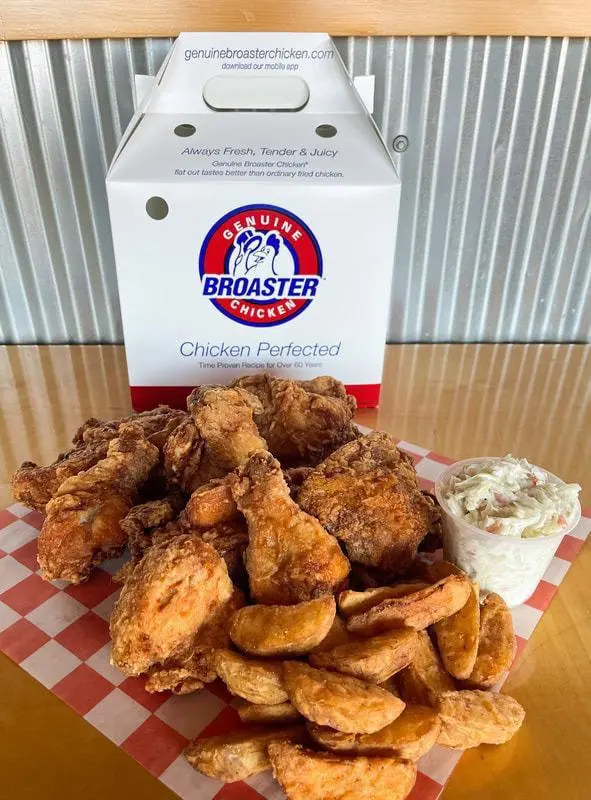 Genuine Broaster Chicken family bucket with wedges and coleslaw at Amean Edmonton